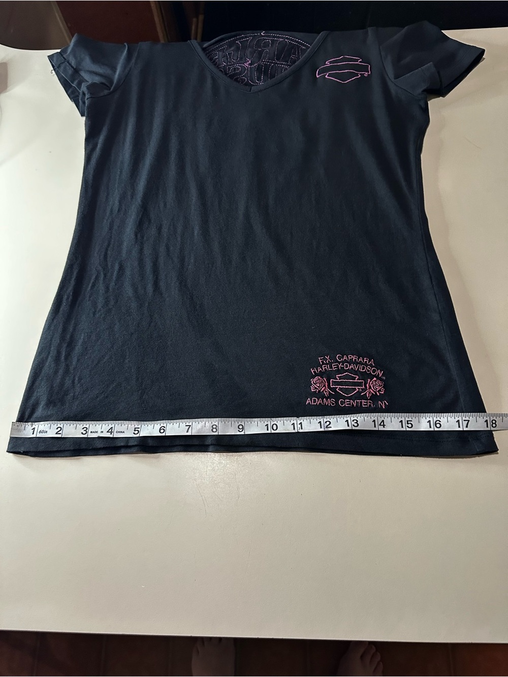 Harley-Davidson Black V-Neck Tee with Pink Accents and opening in the back. - Picture 5 of 11
